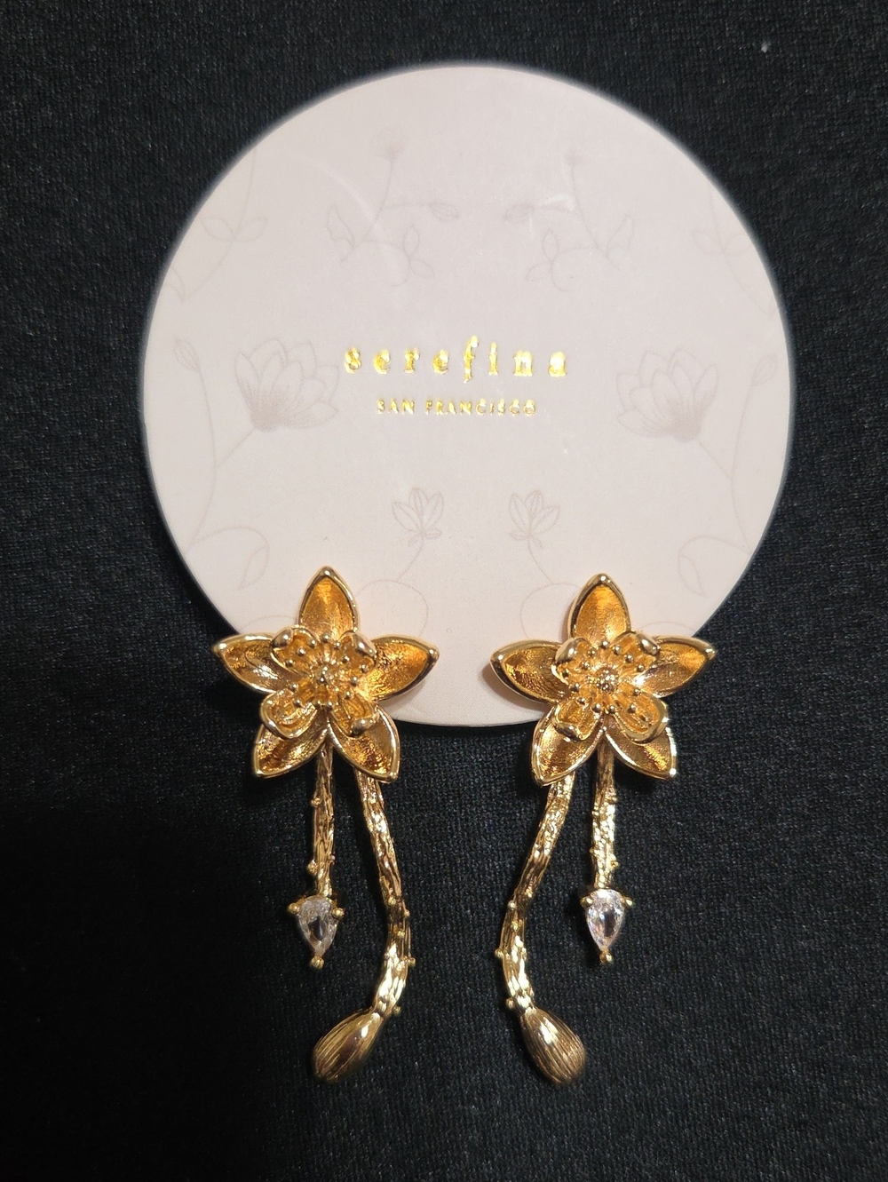 Gold Floral Drop Earrings with Dangle Crystal Accent